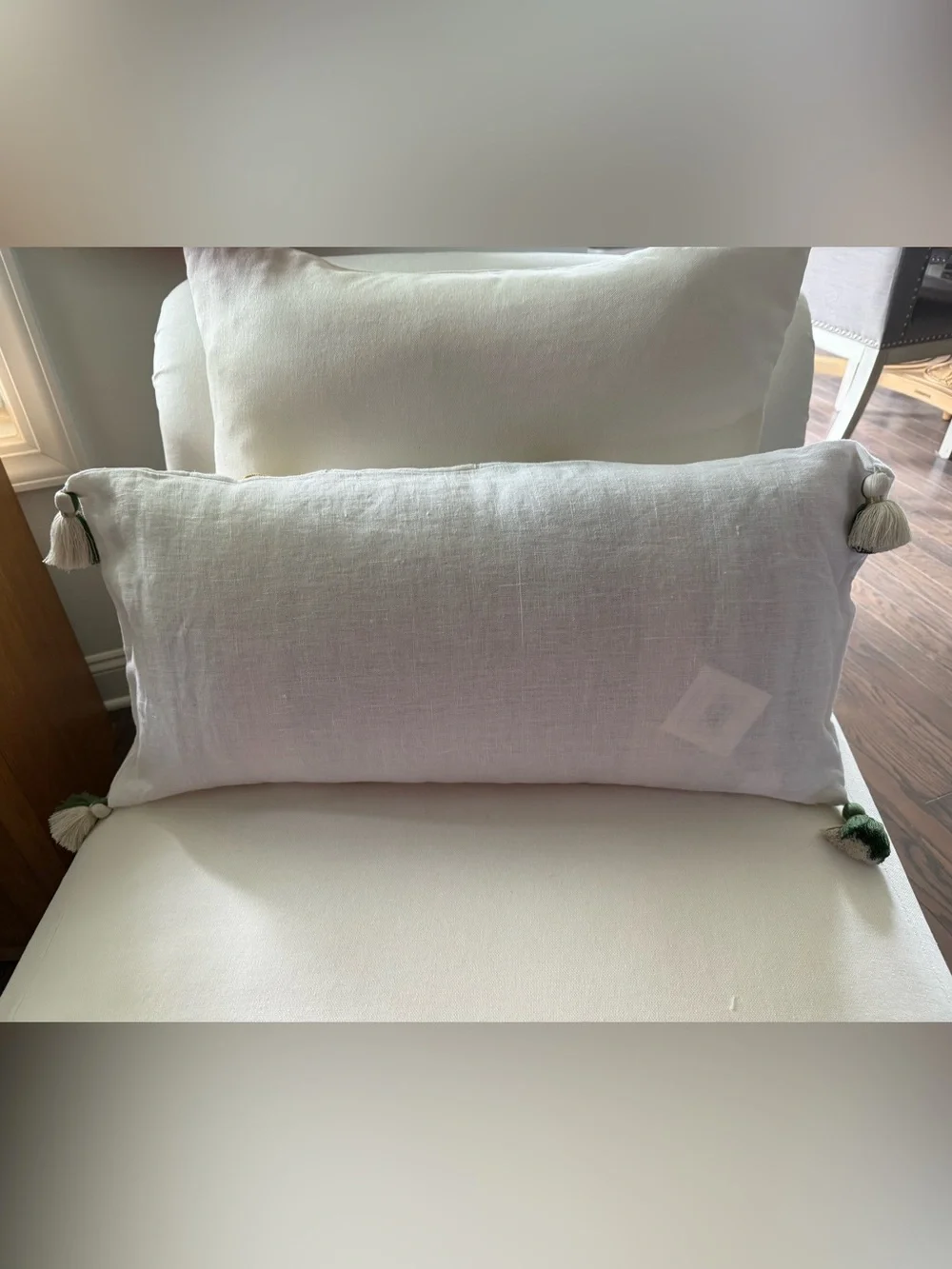 New! SERENA & LILY 100% Linen Embroidered Tassel Pillow 14x30